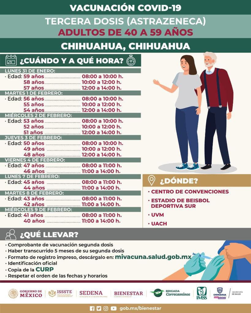 Próximo lunes refuerzo vs COVID para adultos 40-59 en Chihuahua y otros municipios