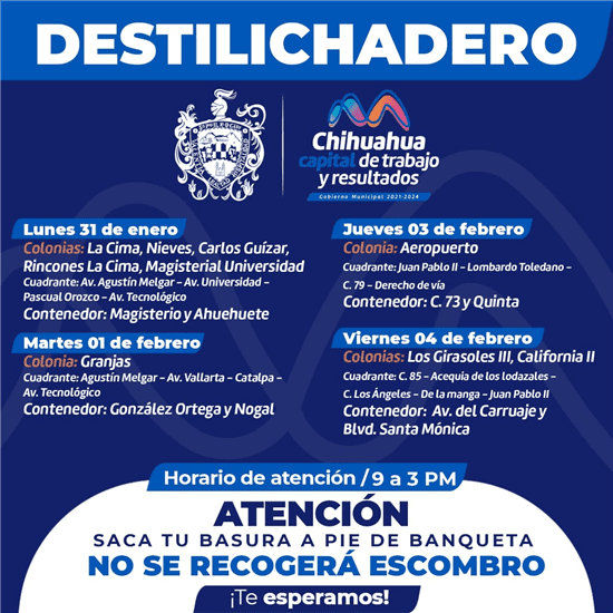 Visitará nueve colonias el destilichadero en la semana del 31 de enero al 4 de febrero