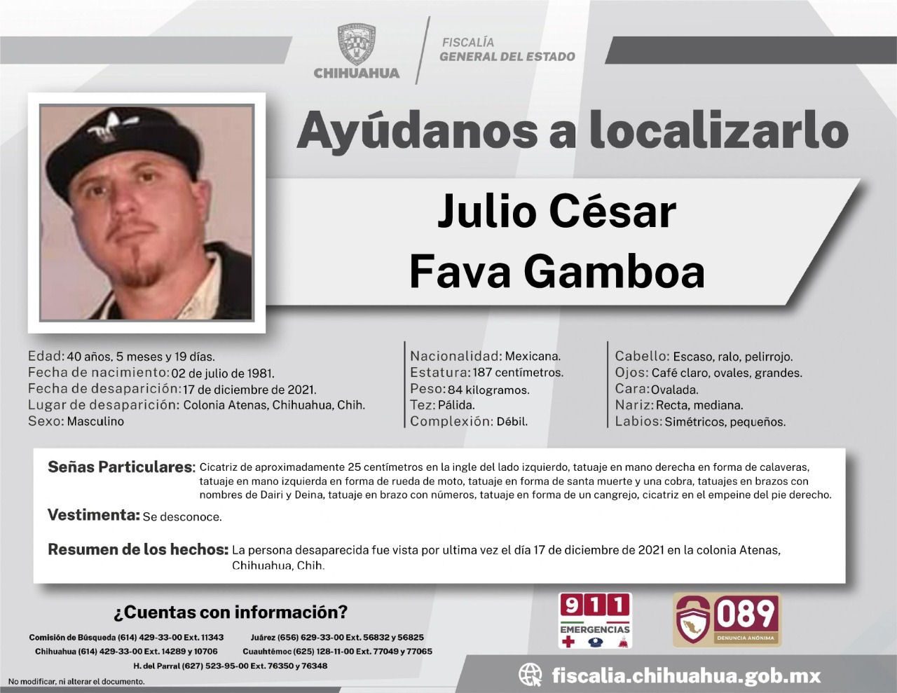 Solicitan colaboración para localizar a Julio César Fava Gamboa