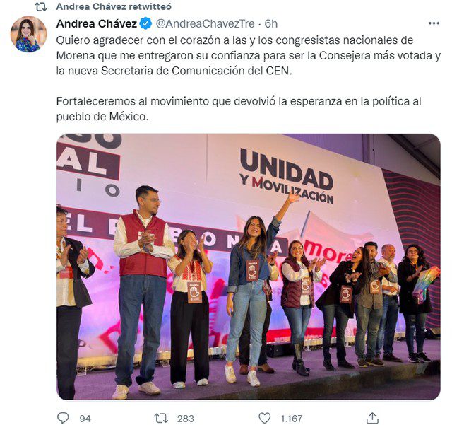 Andrea Chávez demuestra porqué es “la relevo generacional de AMLO”: arrasa en el Congreso Nacional de Morena