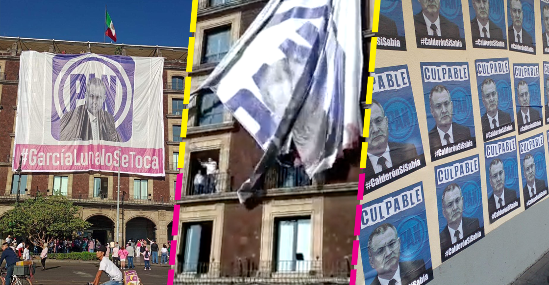 Carteles y manta de García Luna reciben a la Marcha del INE en el Zócalo