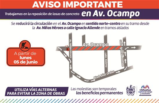 Atención Próximo lunes 5 de junio se reducirá circulación de carriles en la Ocampo