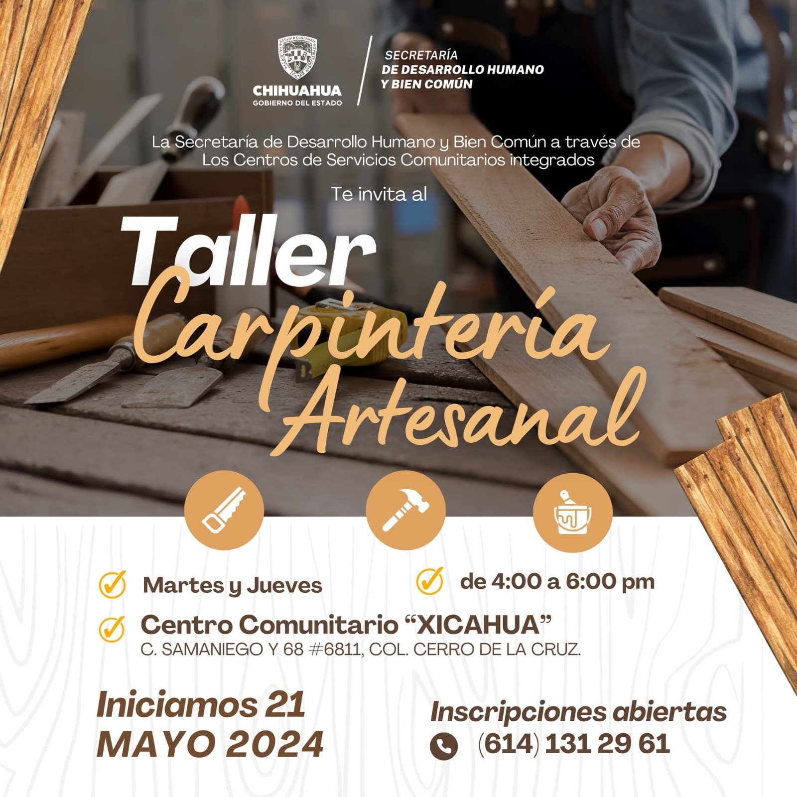 Invitan a inscribirse a taller de carpintería artesanal en el centro comunitario Xicahua