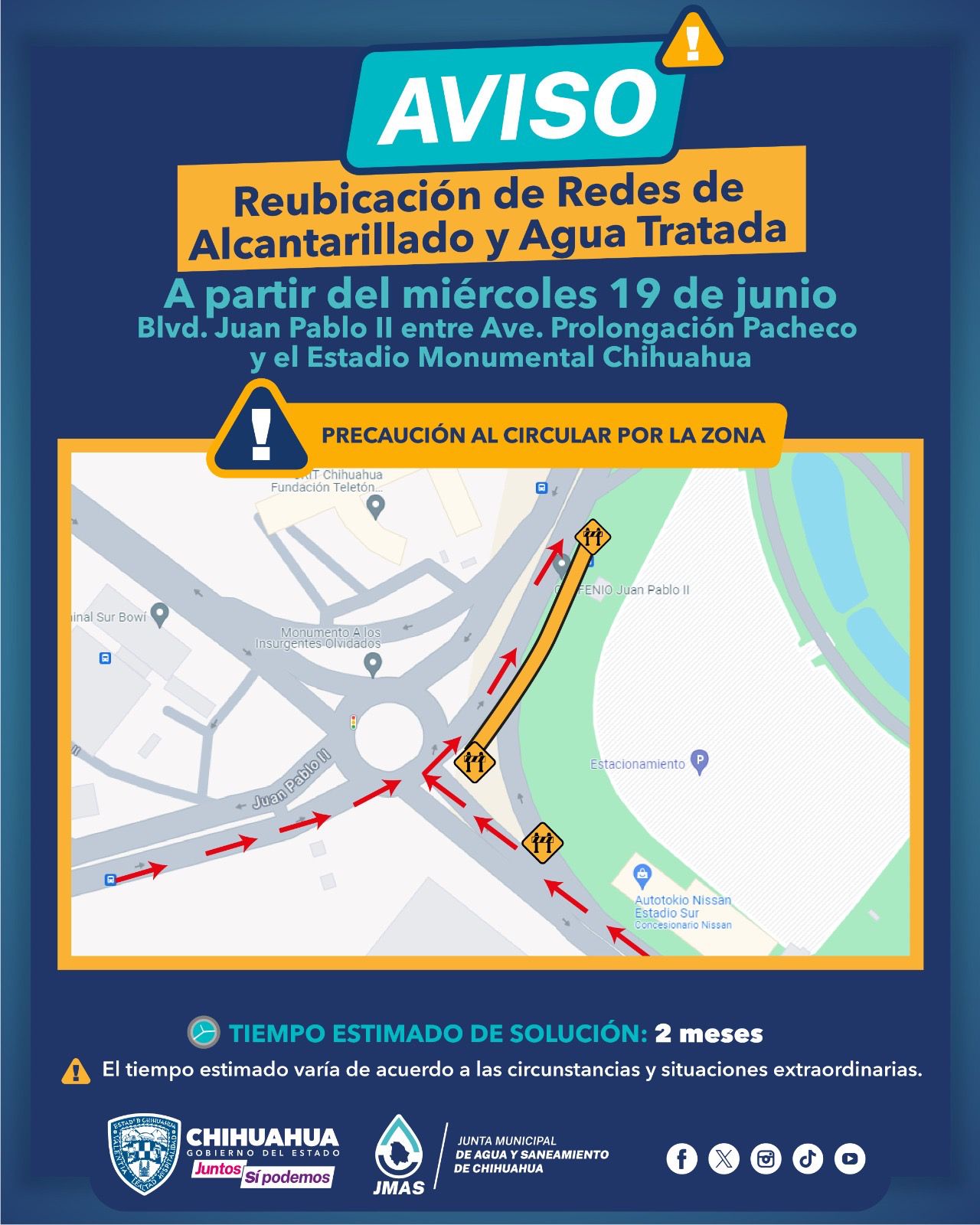 Reubicará JMAS Chihuahua redes de alcantarillado y agua tratada en el bulevar Juan Pablo II y avenida Pacheco