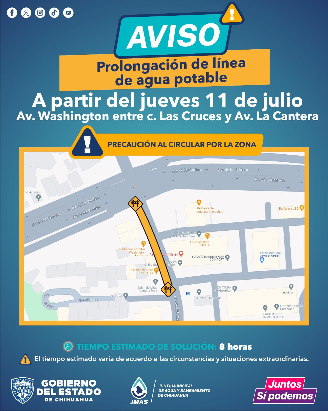 Realizará JMAS Chihuahua trabajos de prolongación de línea de agua potable en avenida Washington este jueves